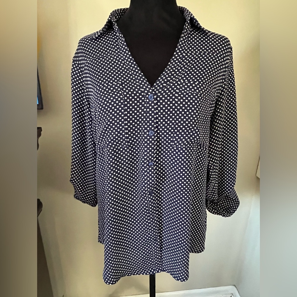 Express Portofino Slim Fit Polka Dot Button Down Shirt Medium Workwear Blouse